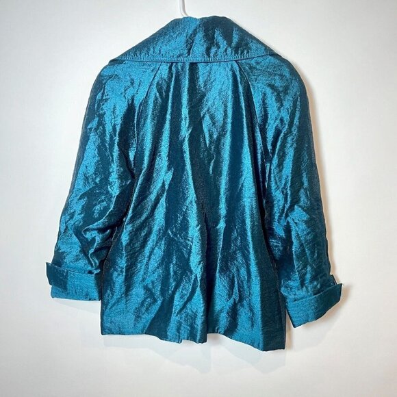 Chico's Lustrous Shine Sindy Blazer Jacket Womens M Teal Blue Button Up Collared - Picture 6 of 9